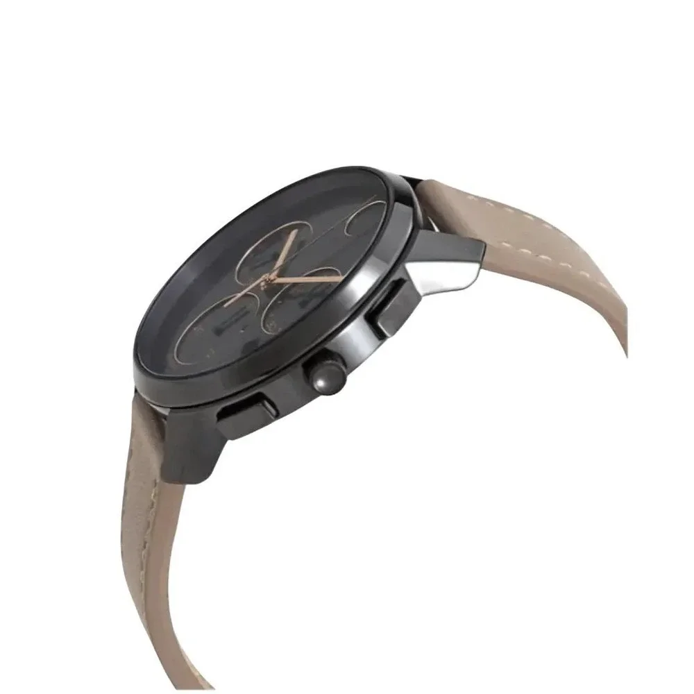 Movado Bold Chronograph 3600719 Black Dial Beige Leather Strap Watch NIB $695